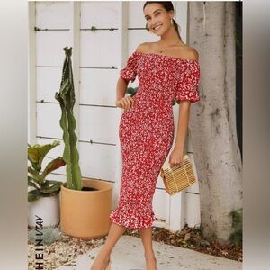 Red Floral Dress can be worn off the shoulder or on